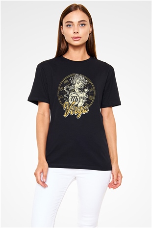 Başak Burcu Baskılı Unisex Siyah Tişört - Tshirt