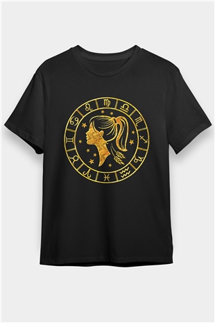 Başak Burcu Baskılı Unisex Siyah Tişört - Tshirt