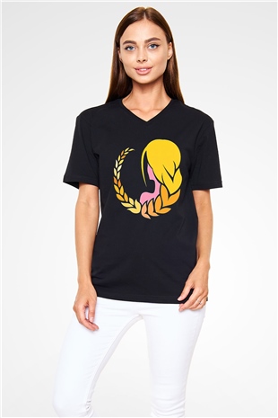 Başak Burcu Baskılı Unisex Siyah V Yaka Tişört - Tshirt