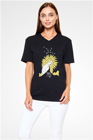 Başak Burcu Baskılı Unisex Siyah V Yaka Tişört - Tshirt