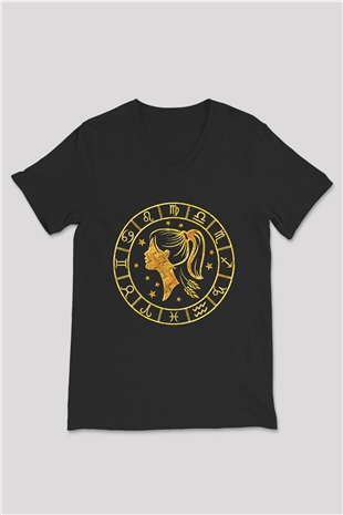 Başak Burcu Baskılı Unisex Siyah V Yaka Tişört - Tshirt