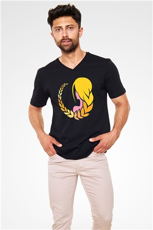 Başak Burcu Baskılı Unisex Siyah V Yaka Tişört - Tshirt