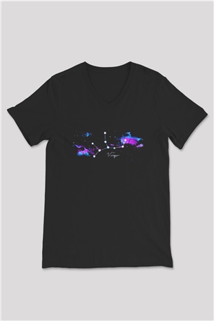 Başak Burcu Baskılı Unisex Siyah V Yaka Tişört - Tshirt