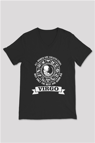 Başak Burcu Baskılı Unisex Siyah V Yaka Tişört - Tshirt