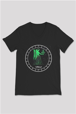 Başak Burcu Baskılı Unisex Siyah V Yaka Tişört - Tshirt