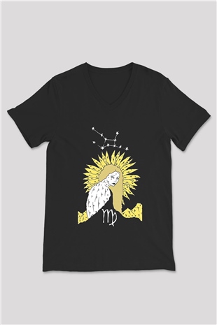 Başak Burcu Baskılı Unisex Siyah V Yaka Tişört - Tshirt