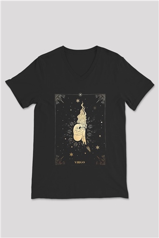 Başak Burcu Baskılı Unisex Siyah V Yaka Tişört - Tshirt