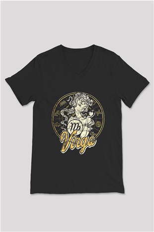 Başak Burcu Baskılı Unisex Siyah V Yaka Tişört - Tshirt