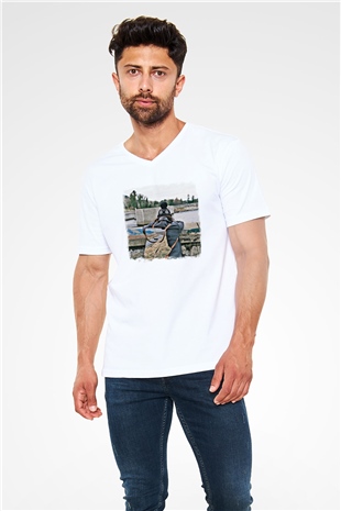 Basement Baskılı Unisex Beyaz V Yaka Tişört