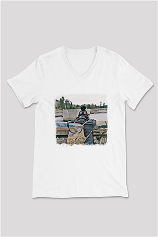 Basement Baskılı Unisex Beyaz V Yaka Tişört