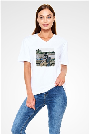 Basement Baskılı Unisex Beyaz V Yaka Tişört