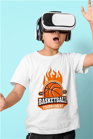 Basketbol Baskılı Beyaz Unisex Çocuk Tişört