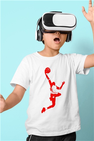 Basketbol Baskılı Beyaz Unisex Çocuk Tişört