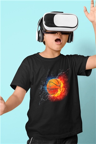 Basketbol Baskılı Siyah Unisex Çocuk Tişört