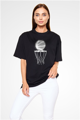Basketbol Baskılı Oversize Siyah Tişört