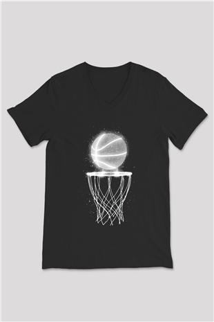 Basketbol Baskılı Unisex Siyah  V Yaka Tişört
