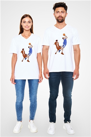Basketbol Beyaz Unisex V Yaka Tişört