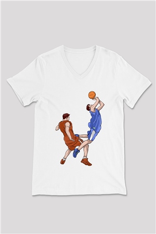 Basketbol Beyaz Unisex V Yaka Tişört