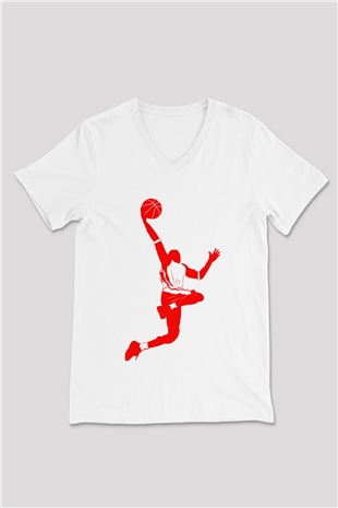 Basketbol Beyaz Unisex V Yaka Tişört T-Shirt