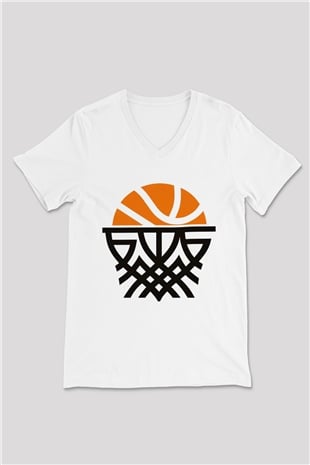 Basketbol Beyaz Unisex V Yaka Tişört T-Shirt