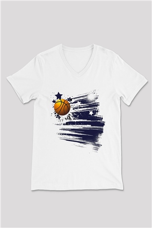 Basketbol Beyaz Unisex V Yaka Tişört T-Shirt