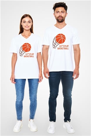 Basketbol Beyaz Unisex V Yaka Tişört T-Shirt