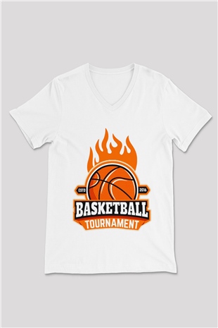 Basketbol Beyaz Unisex V Yaka Tişört T-Shirt