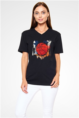 Basketbol Siyah Unisex V Yaka Tişört T-Shirt