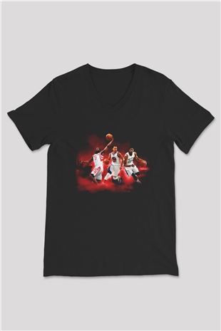 Basketbol Siyah Unisex V Yaka Tişört T-Shirt
