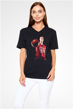 Basketbol Siyah Unisex V Yaka Tişört T-Shirt