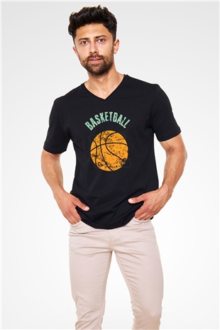 Basketbol Siyah Unisex V Yaka Tişört T-Shirt