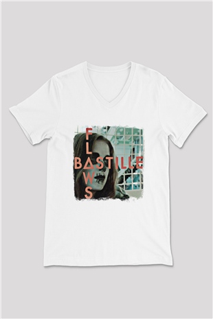 Bastille Baskılı Unisex Beyaz V Yaka Tişört