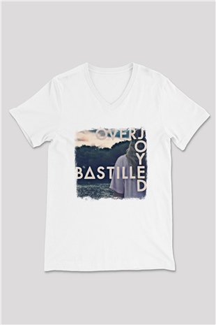 Bastille Baskılı Unisex Beyaz V Yaka Tişört
