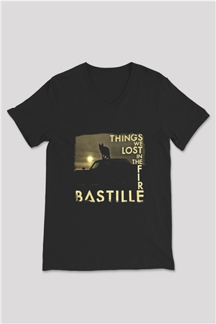 Bastille Baskılı Unisex Siyah V Yaka Tişört