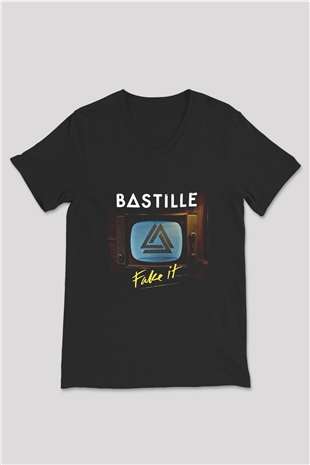Bastille Baskılı Unisex Siyah V Yaka Tişört