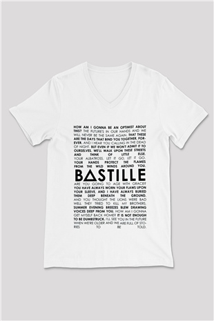Bastille Beyaz Unisex V Yaka Tişört T-Shirt