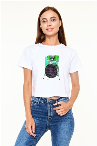 Bateri Baskılı Beyaz Crop Top Kadın Tişört - Tshirt