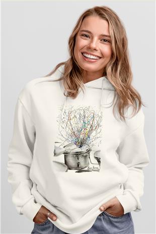 Bateri Baskılı Beyaz Unisex Hoodie