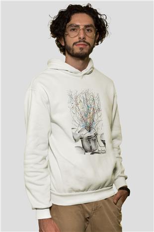 Bateri Baskılı Beyaz Unisex Hoodie