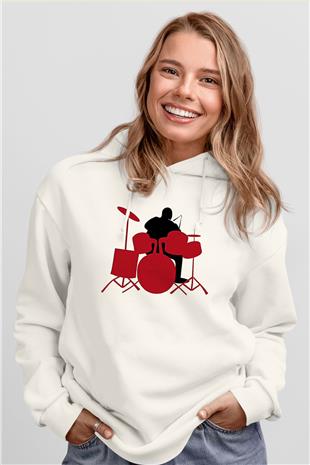 Bateri Baskılı Beyaz Unisex Hoodie