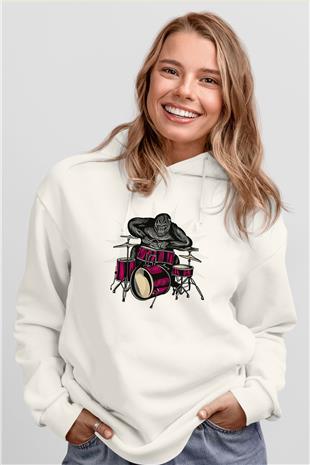 Bateri Baskılı Beyaz Unisex Hoodie
