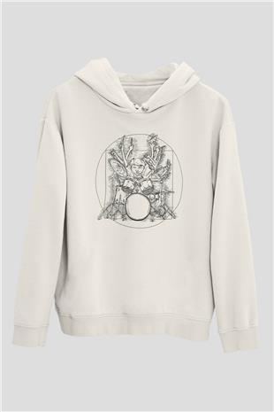 Bateri Baskılı Beyaz Unisex Hoodie