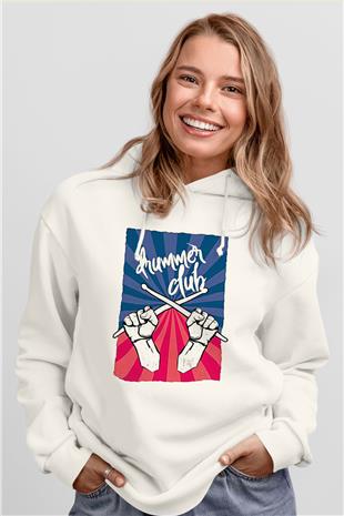 Bateri Baskılı Beyaz Unisex Hoodie