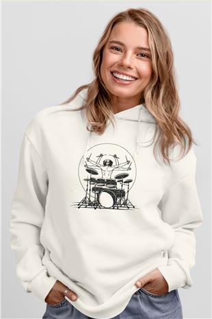 Bateri Baskılı Beyaz Unisex Hoodie