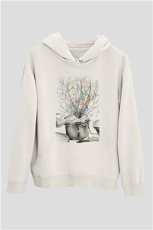 Bateri Baskılı Beyaz Unisex Hoodie