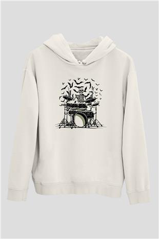 Bateri Baskılı Beyaz Unisex Hoodie