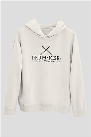 Bateri Baskılı Beyaz Unisex Hoodie