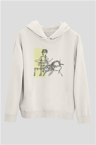 Bateri Baskılı Beyaz Unisex Hoodie