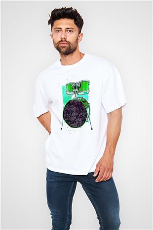 Bateri Baskılı Beyaz Unisex Oversize Tişört - Tshirt