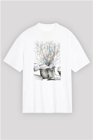 Bateri Baskılı Beyaz Unisex Oversize Tişört - Tshirt